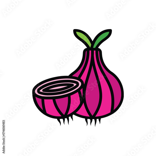 Cartoonstyle depiction of two pink onions one whole with green sprouts and one cut in half