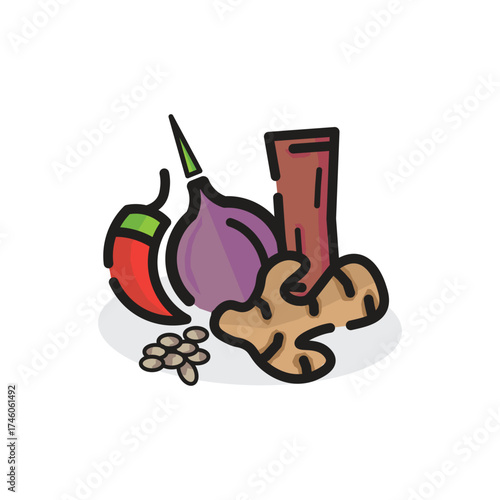 Colorful illustration of assorted spices including a chili onion ginger and other small spices