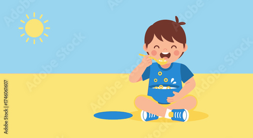 Happy Child Eating Cereal, Sun Shining, Smiling, Simple Illustration, Cartoon Character