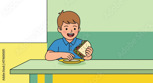 Happy Child Eating Delicious Sandwich Enjoying Meal at Table in Brightly Lit Room