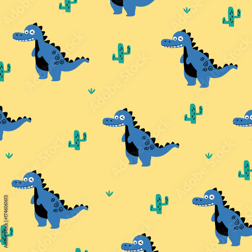 t-rex dinosaur blue and yellow background seamless pattern cartoon vector design for kids apparel fullprint fabric