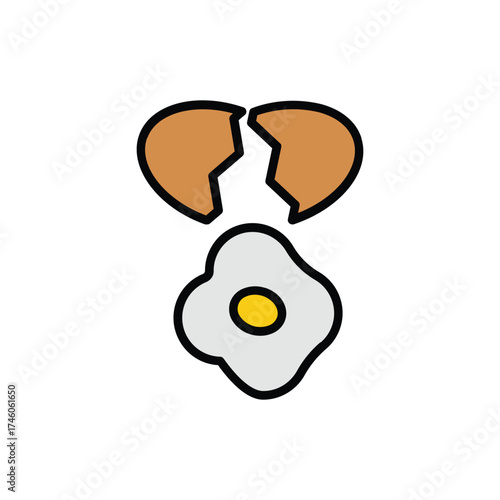 Depicts cracked eggshell halves above cooked egg