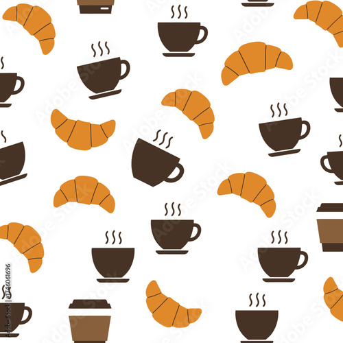 A repeating pattern featuring coffee cups and croissants, ideal for food-related designs.