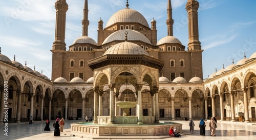 Muhammad Ali Mosque Courtyard with Ornate Fountain, Domes, and Minarets under Blue Sky in Cairo, Egypt