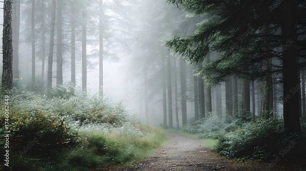 Fototapeta premium Misty Forest Pathway Through Lush Trees and Wildflowers in Tranquil Woodland Setting