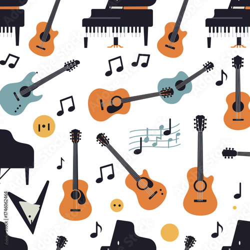 A playful pattern featuring musical instruments and notes, ideal for music-themed designs.