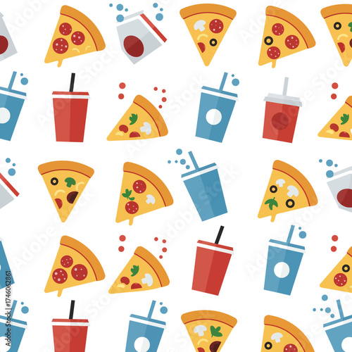 A playful pattern featuring slices of pizza and various drink cups.