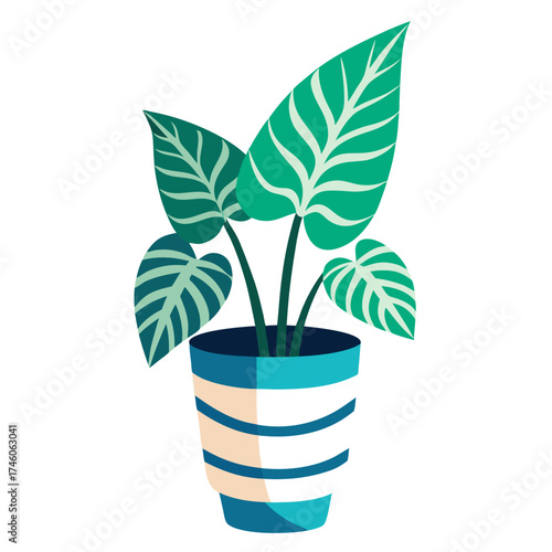 Vibrant houseplant with striped green foliage in a blue and cream striped terracotta pot vector on white background.