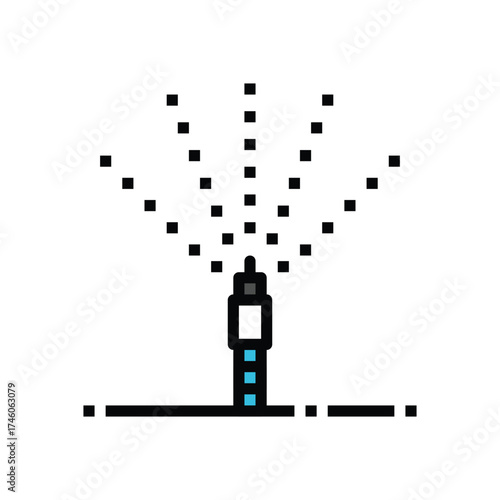 Pixelated illustration of a lawn sprinkler spraying water The sprinkler is positioned on a line with small blocks