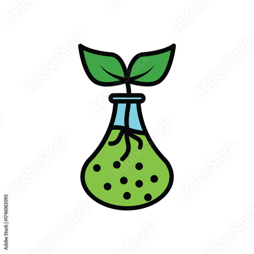Plant sprouts in a green liquidfilled flask with roots visible set