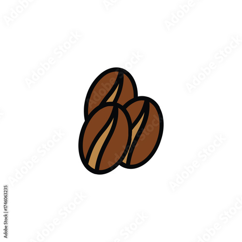 Three coffee beans clumped together each outlined in black and split by a curved tancolored line