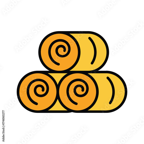 Three stacked hay bales two on the bottom and one resting atop them Each has a round front with a spiral design