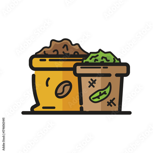 Two sacks one gold and one brown are side by side The gold sack has a coffee bean the brown sack contains green leaves