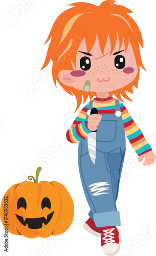 Illustration of Evil Doll with Pumpkin