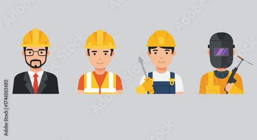 Diverse construction workers, each wearing a hard hat, represent various professions, showcasing teamwork and expertise in the building industry.