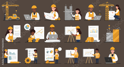 Diverse construction workers collaborating on projects, utilizing technology, and analyzing data for successful infrastructure development.