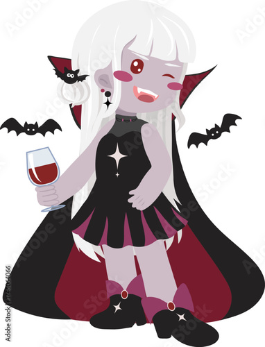 Illustration of a Vampire Girl with Wine