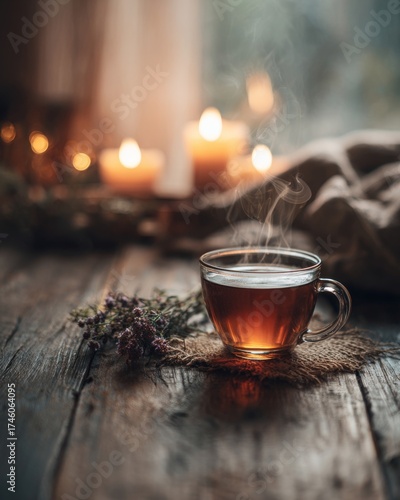Cup of hot tea on rustic wooden table surrounded by candlelight, cozy warm composition highlighting relaxation, comfort, and the soothing charm of evening tea culture
