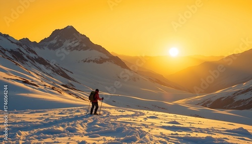 a person is hiking in a snowy mountainous area during sunrise or sunset, with majestic mountains in the background under a yellow sky.