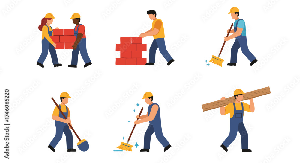 Fototapeta premium Diverse construction workers diligently performing various tasks, including bricklaying, sweeping, and carrying materials, in a vector illustration.