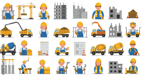 A vibrant illustration showcases various construction workers and equipment, depicting the building process and teamwork with colorful icons.