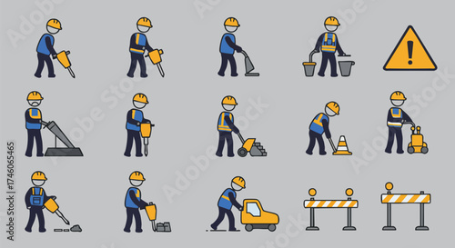 Illustrated construction workers engaged in various tasks, including operating heavy machinery and following safety protocols on a neutral gray background.