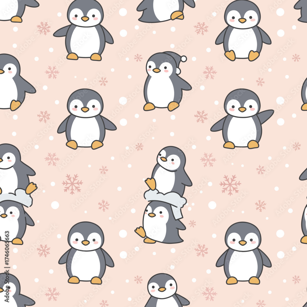 Fototapeta premium A cute pattern featuring cartoon penguins on a soft pink background with snowflakes.