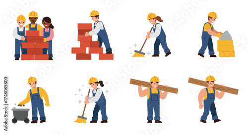 A diverse team of construction workers collaboratively building and maintaining structures, showcasing teamwork and various tasks.