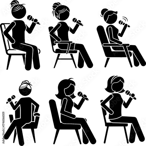 Woman Singing or Speaking while Seated with Microphone Stick Figure Icons