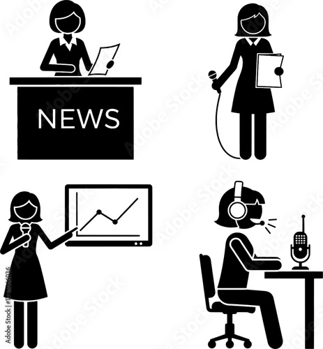Female Newscaster, Reporter, and Broadcaster Stick Figure Icons Set