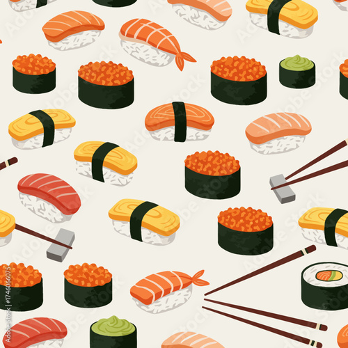 A colorful pattern featuring various types of sushi and accompaniments.