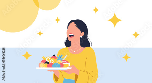 Happy woman holding a plate of fruits  illustration of healthy eating concept