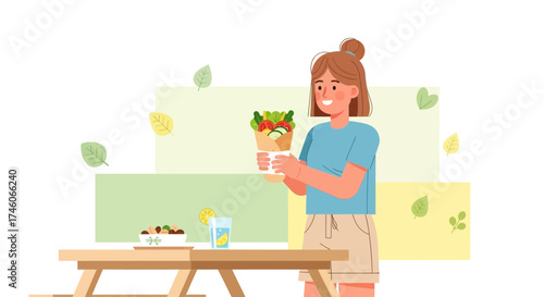 Happy Woman Holding Wrap Sandwich, Healthy Food, Picnic, Smiling and Enjoying the Meal