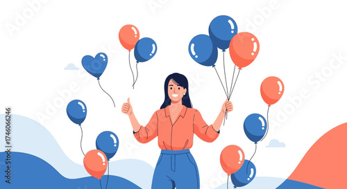 Happy Woman Giving Thumbs Up With Balloons Celebrating Success and Joyous Occasion