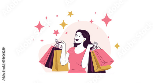 Happy Woman Holding Shopping Bags After Buying Presents, Vector Illustration