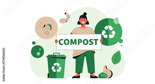Happy Woman Promoting Compost and Sustainability in a Graphic Eco-Friendly Illustration