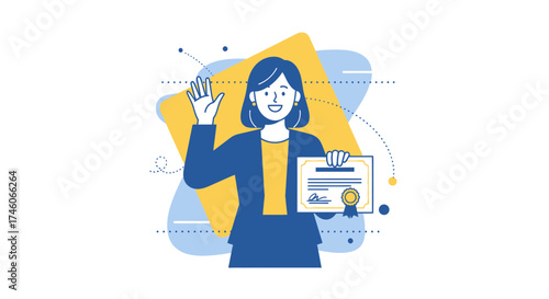 Happy Woman Holds Diploma Celebrating Achievement and Success in a Colorful Illustration