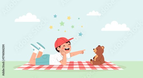 Happy child with teddy bear on a picnic with stars, clouds, and a nice background