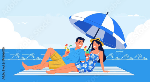 Happy Couple Relaxing On Beach, Enjoying Cocktails Under Umbrella During Summer Vacation