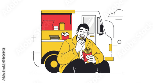 Happy Diner Devouring French Fries Next To A Vibrant Food Truck Illustration