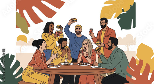 Happy Diverse Group Eating Burgers at Wooden Table with Abstract Colorful Nature