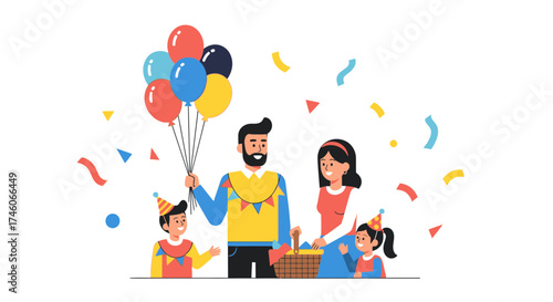 Happy family celebrating birthday with balloons and confetti, cheerful illustration