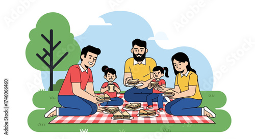Happy family enjoying a picnic outdoors with sandwiches, together creating a happy moment