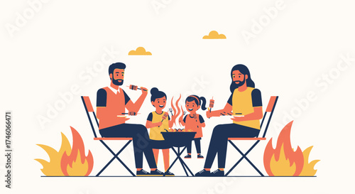 Happy family enjoying barbecue together during a sunny day with their kids outdoor