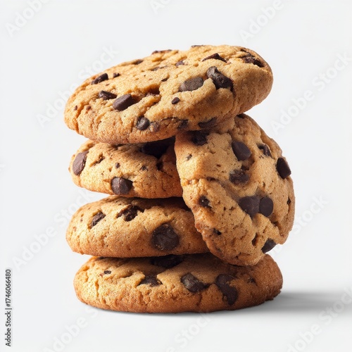 Pile of homemade chocolate chip cookies stacked on white background, sweet baked dessert highlighting comfort food, classic recipe, and the inviting warmth of homemade treat culture