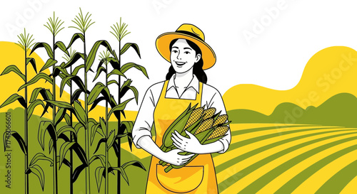 Happy Farmer with Golden Harvest Stands Proudly Holding Corn, Smiling on Background