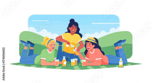 Happy friends enjoy a picnic outdoors with drinks, enjoying summertime fun together