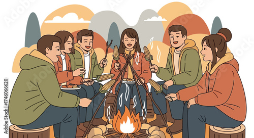 Happy friends enjoying a campfire and roasting corn in a bright illustration no end