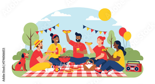 Happy Friends Gather Together For a BBQ Picnic, Hot Dogs, and Sunny Outdoor Fun