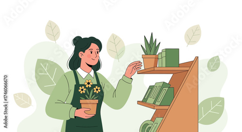 Happy Gardener Woman Arranging Plants On Shelves At The Green Home And Garden Store